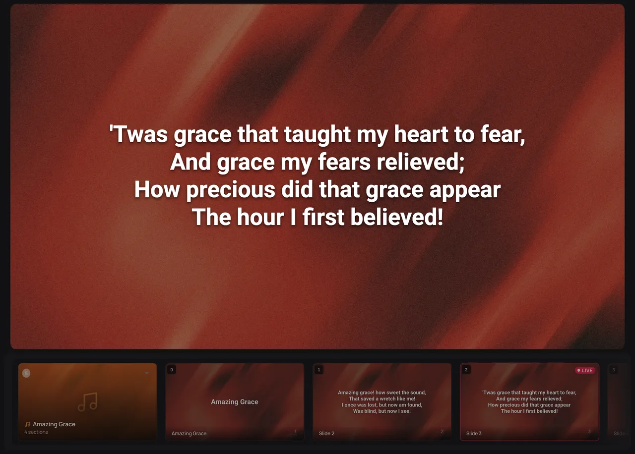 Verse Copilot open on a service: Amazing Grace on the live preview, with the song's slides in the timeline below