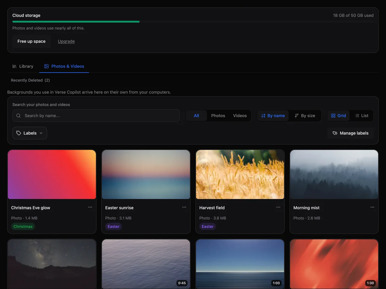 Cloud Library in the browser: a storage bar at 18 of 50 GB, the Photos and Videos tab, and a grid of backgrounds with labels