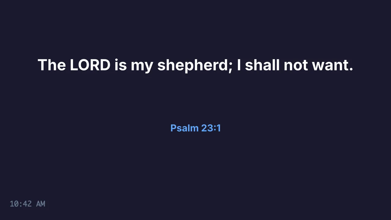 Stage monitor showing the same verse in large type, the reference, and the time