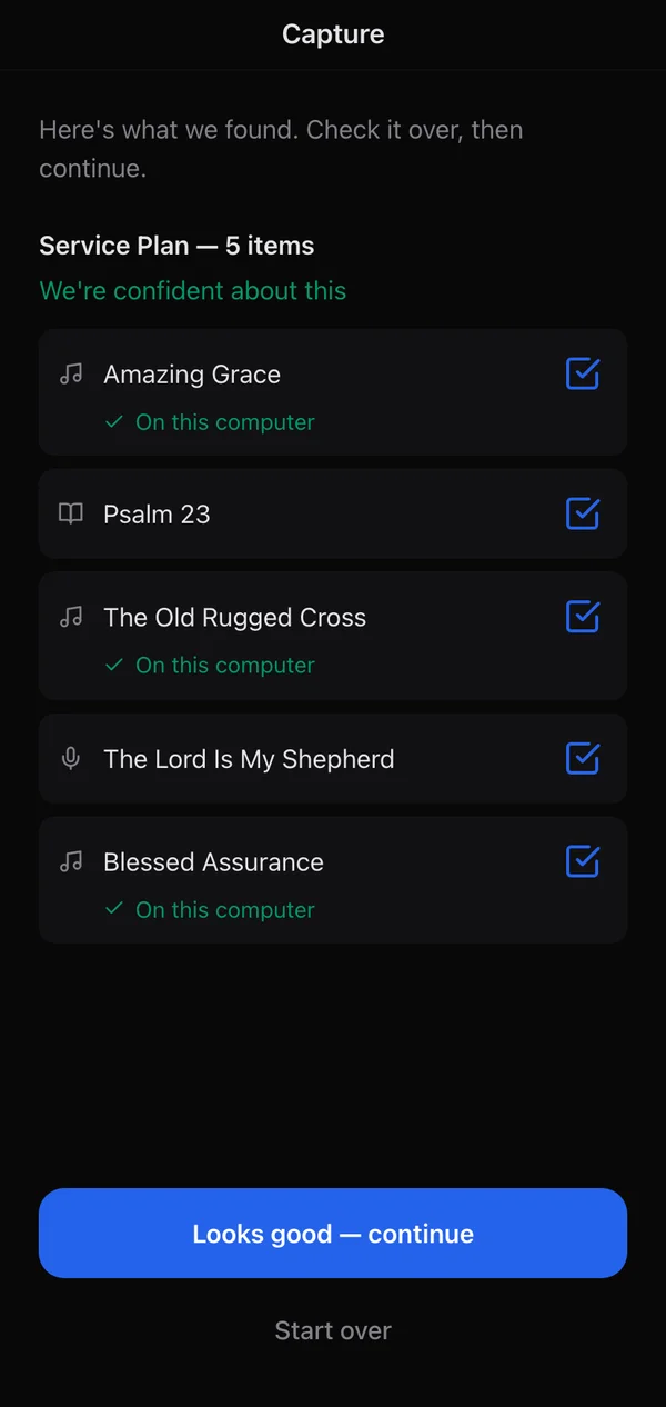The phone app's scan review: five service items found, with the three songs already on this computer